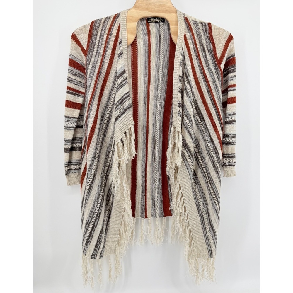 Absolutely Famous Cardigan Womens L Orange Striped Fringe Open Front Waterfall